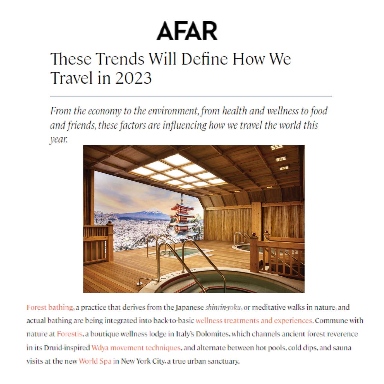 an excerpt from afar magazine featuring World Spa.