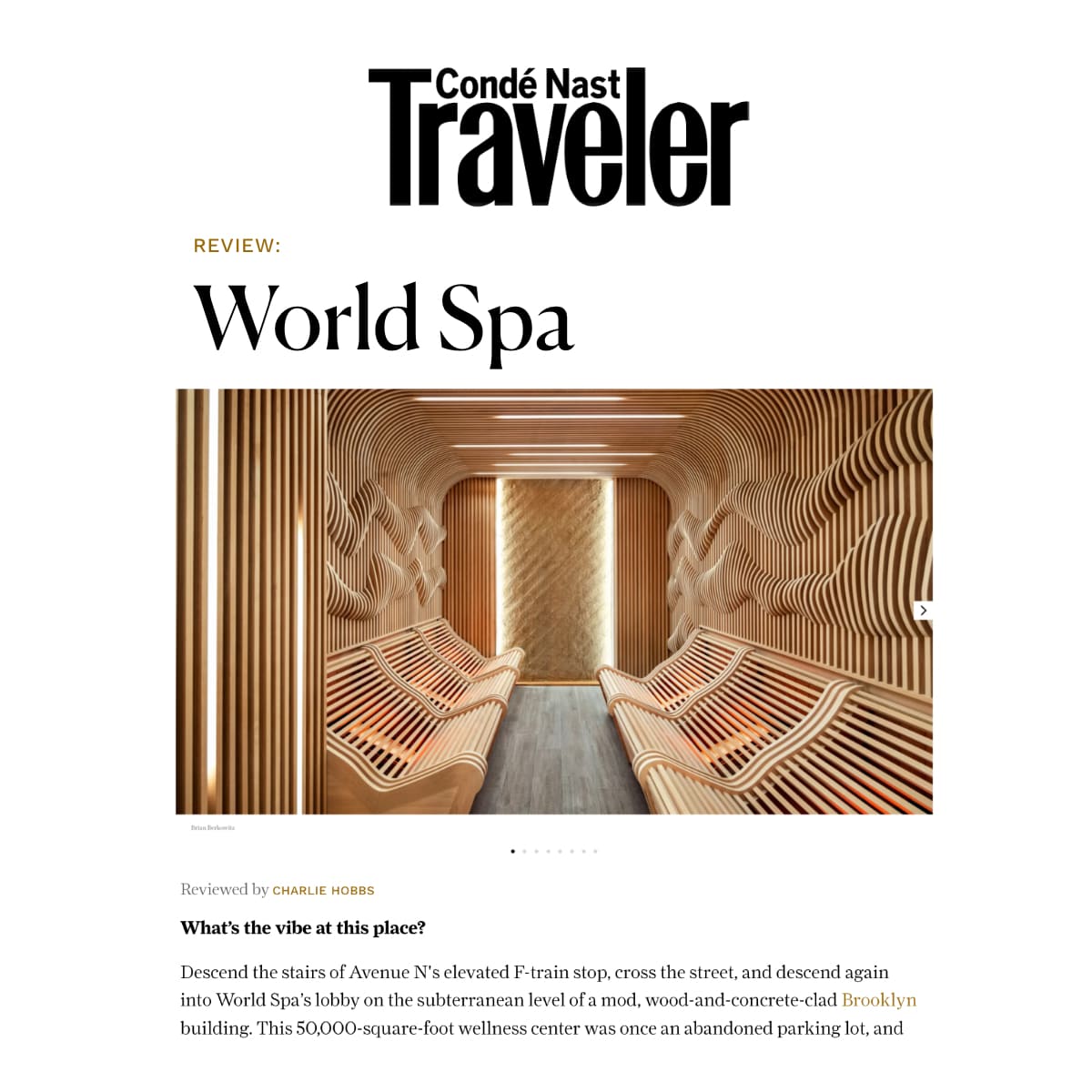 an excerpt from conde nast traveler magazine featuring World Spa.