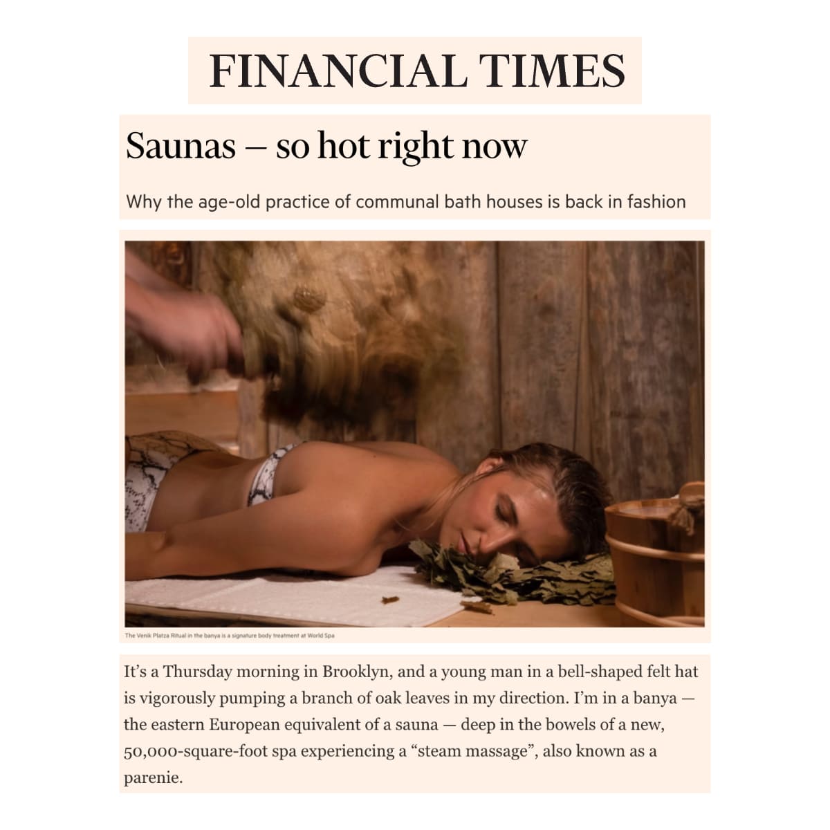an excerpt from financial times magazine featuring World Spa.