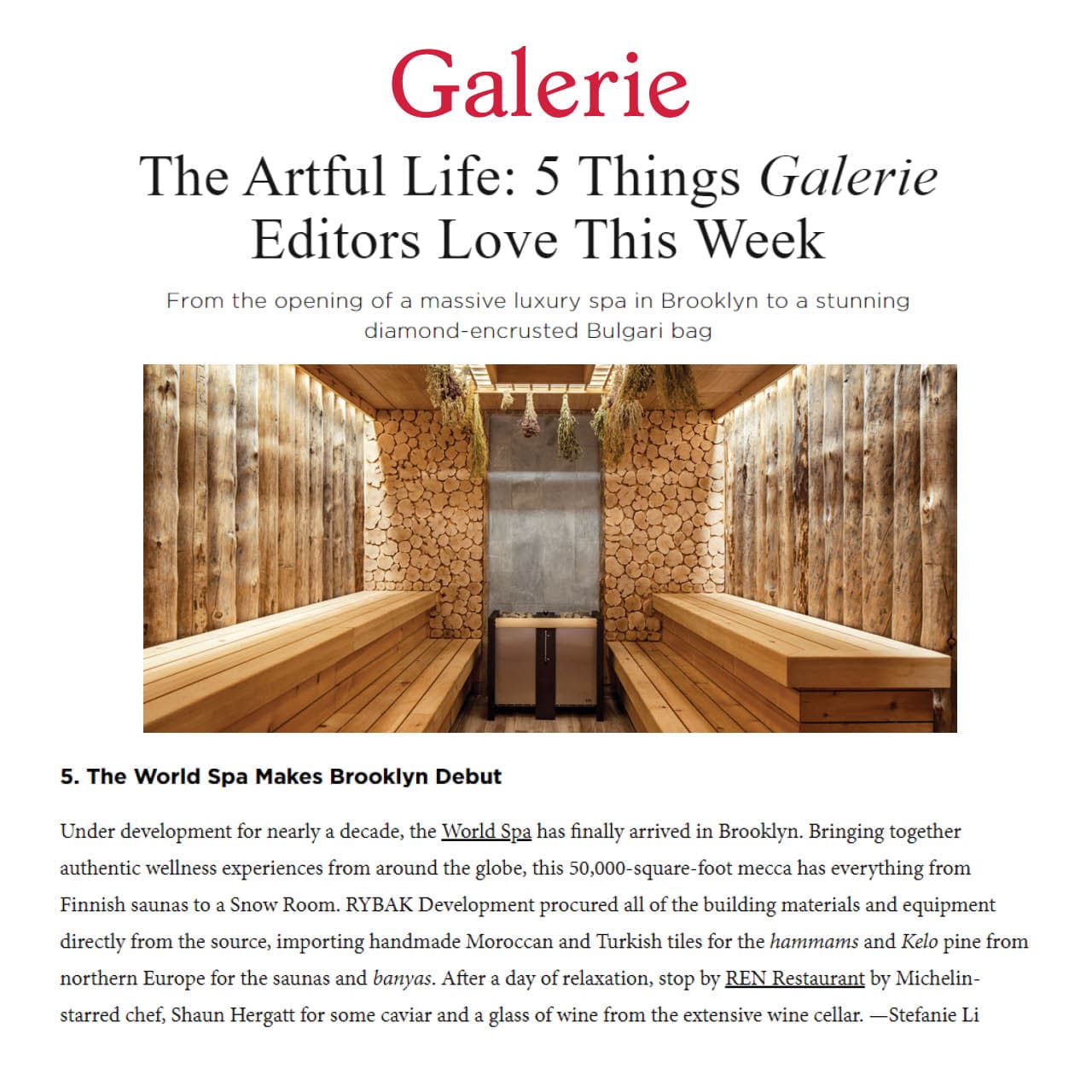 an excerpt from galerie magazine featuring World Spa.