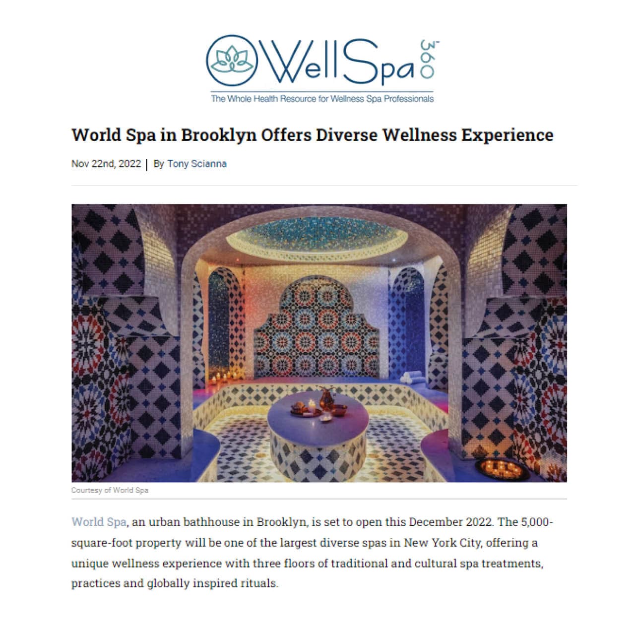 an excerpt from well spa 360 magazine featuring World Spa.