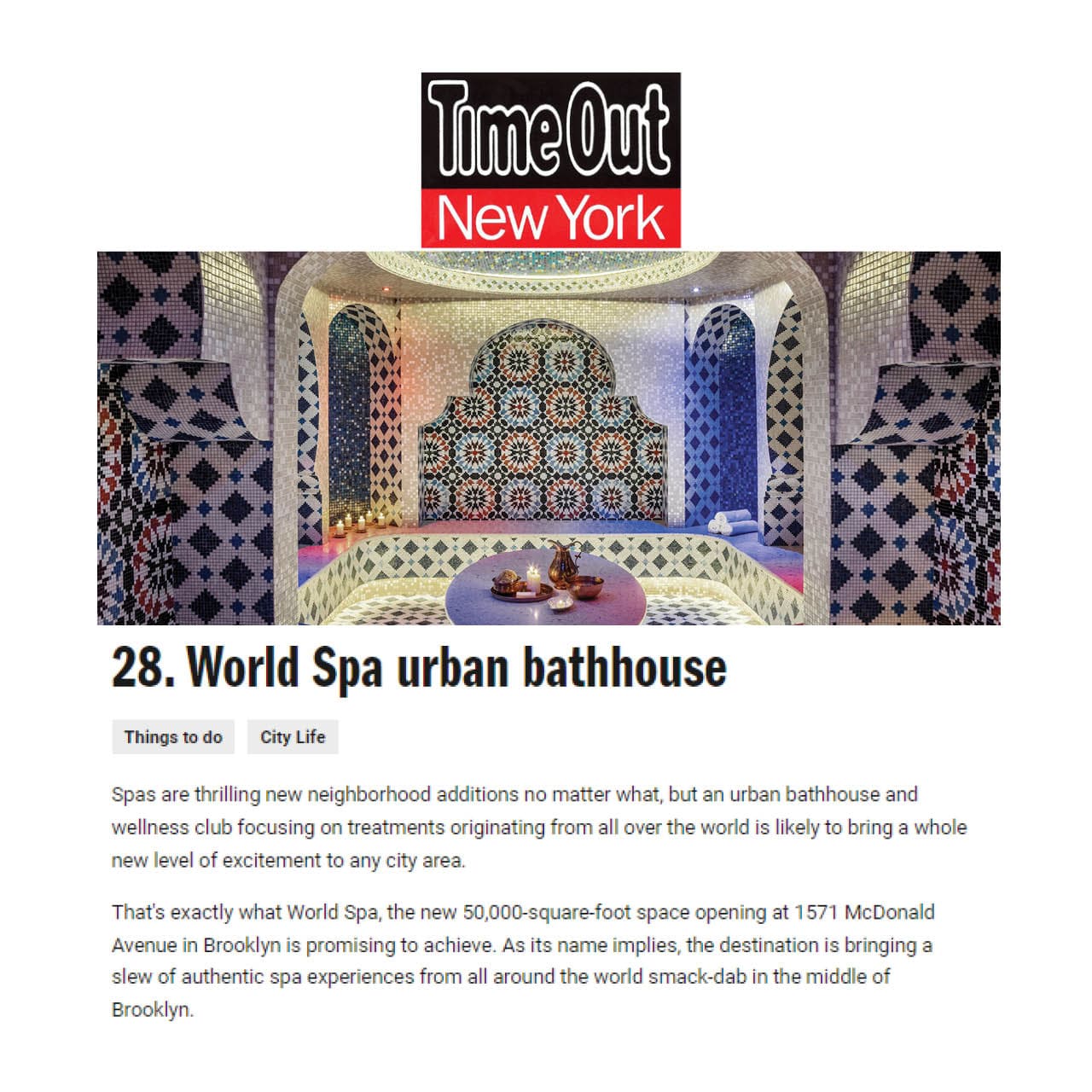 an excerpt from time out new york magazine featuring World Spa.