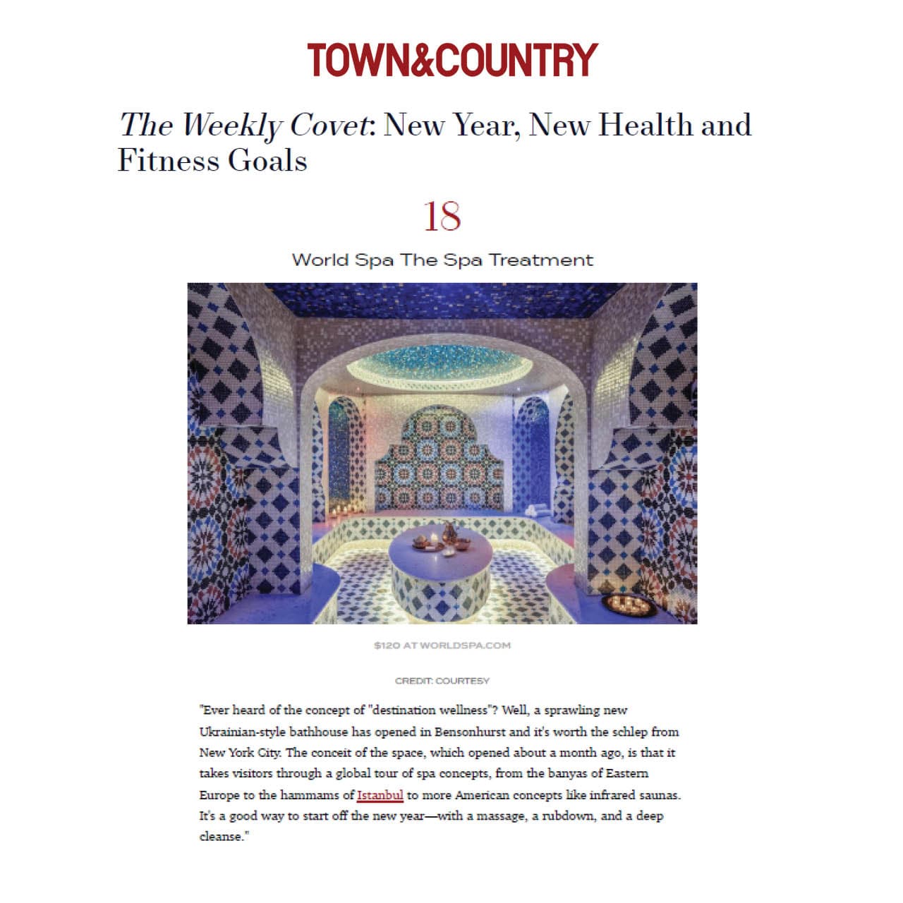 an excerpt from town and country magazine featuring World Spa.